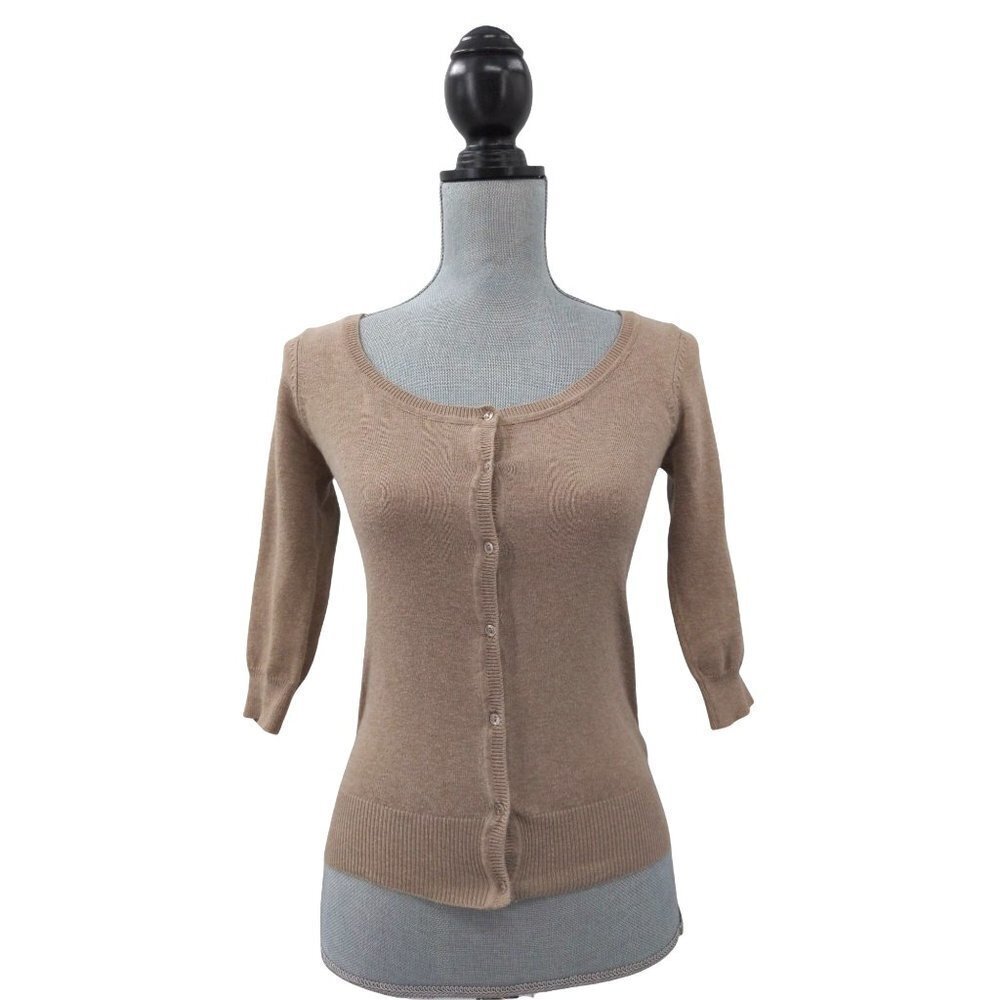 Zara Fitted Cardigan Sweater Womens‎ S Tan Minimalist Preppy Polished Form Fit